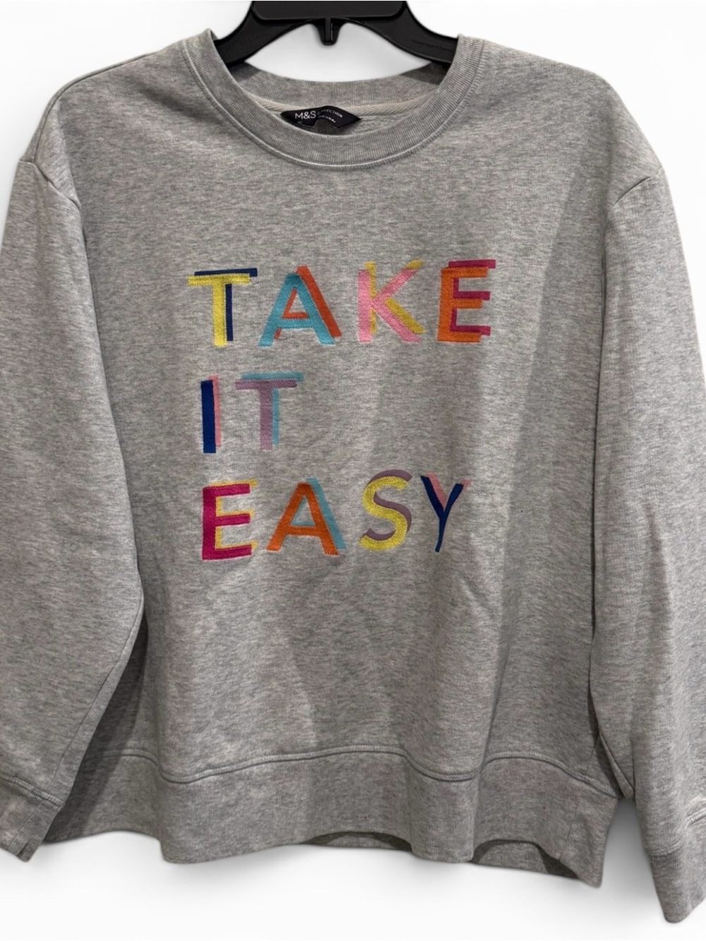 Marks & Spencer Grey Crewneck Sweater with Multicolor 'Take It Easy' Embroidery